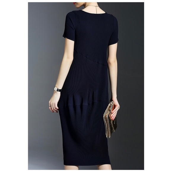 Navy Blue Modest Classic Short Sleeve Sheath Midi Dres - Picture 4 of 7